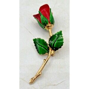 Vintage Signed Giovanni‎ Rose Pin Brooch Gold Red & Green Leaves Enamel EUC